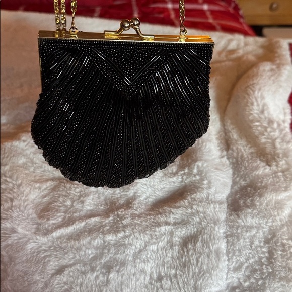 Valerie Stevens Black Beaded Evening Clutch with Gold Chain Strap - Picture 4 of 4